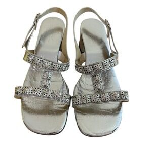 70s Vtg Metallic‎ Sandals Slingback Rhinestone Embellished Strappy Dress Shoes 8